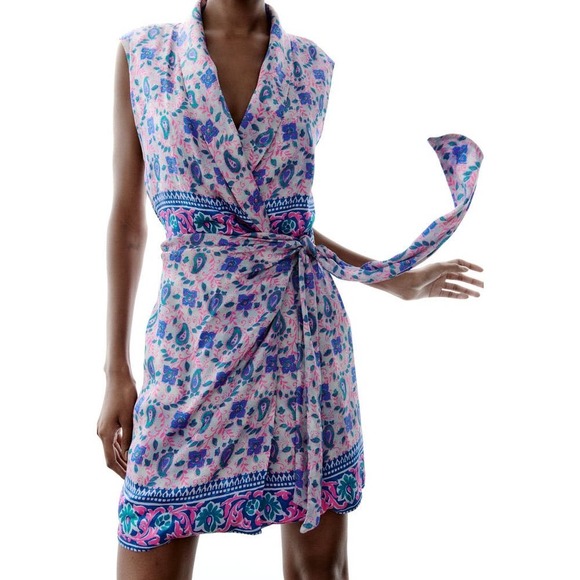 Zara Dresses & Skirts - NWT Zara Paisley Printed Wrap Mini Dress Lapel Collar Sz L 100% Viscose